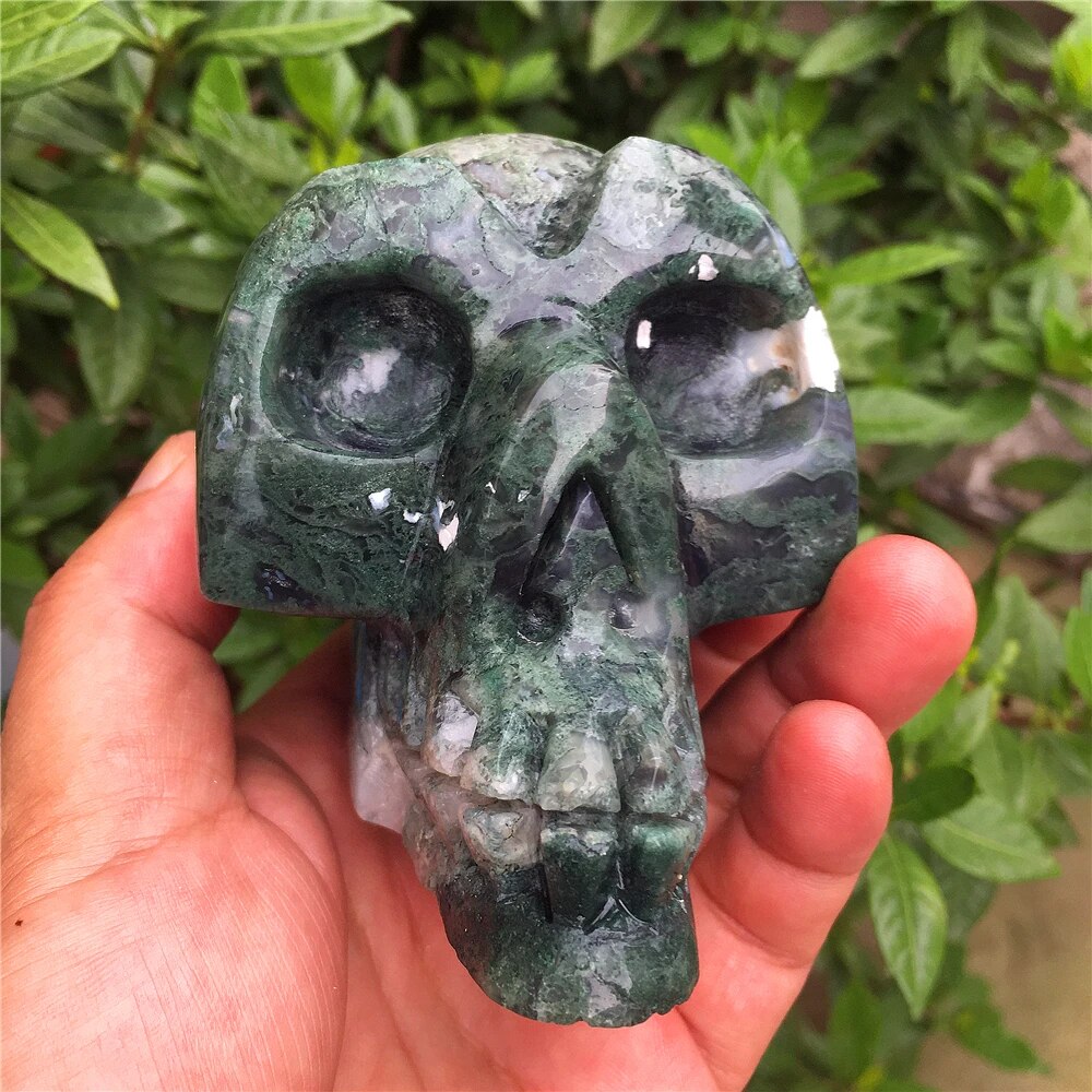 Natural Green Moss Agate Geode Skull Druzy Stone Quartz Crystal Cranium Healing Gtones Reiki Witchcraft Home Decorat